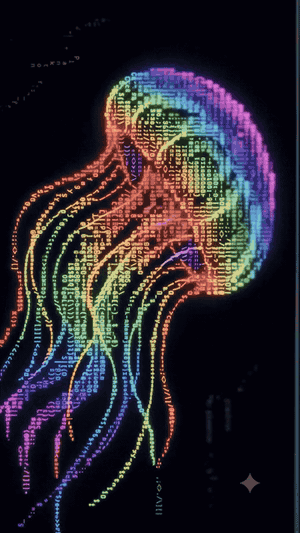 A luminous code-built jellyfish moving in a continuous loop
